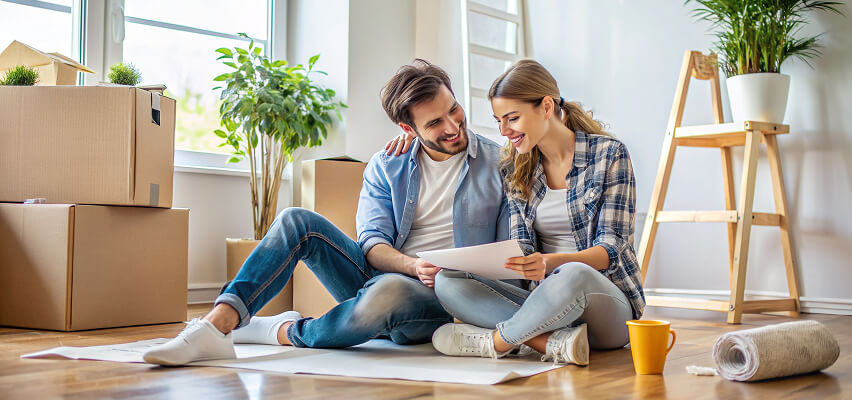 Couple reviewing paperwork among moving boxes
