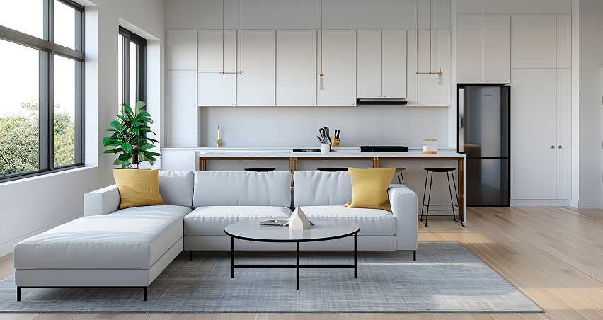 Open-plan living area with a modern kitchen